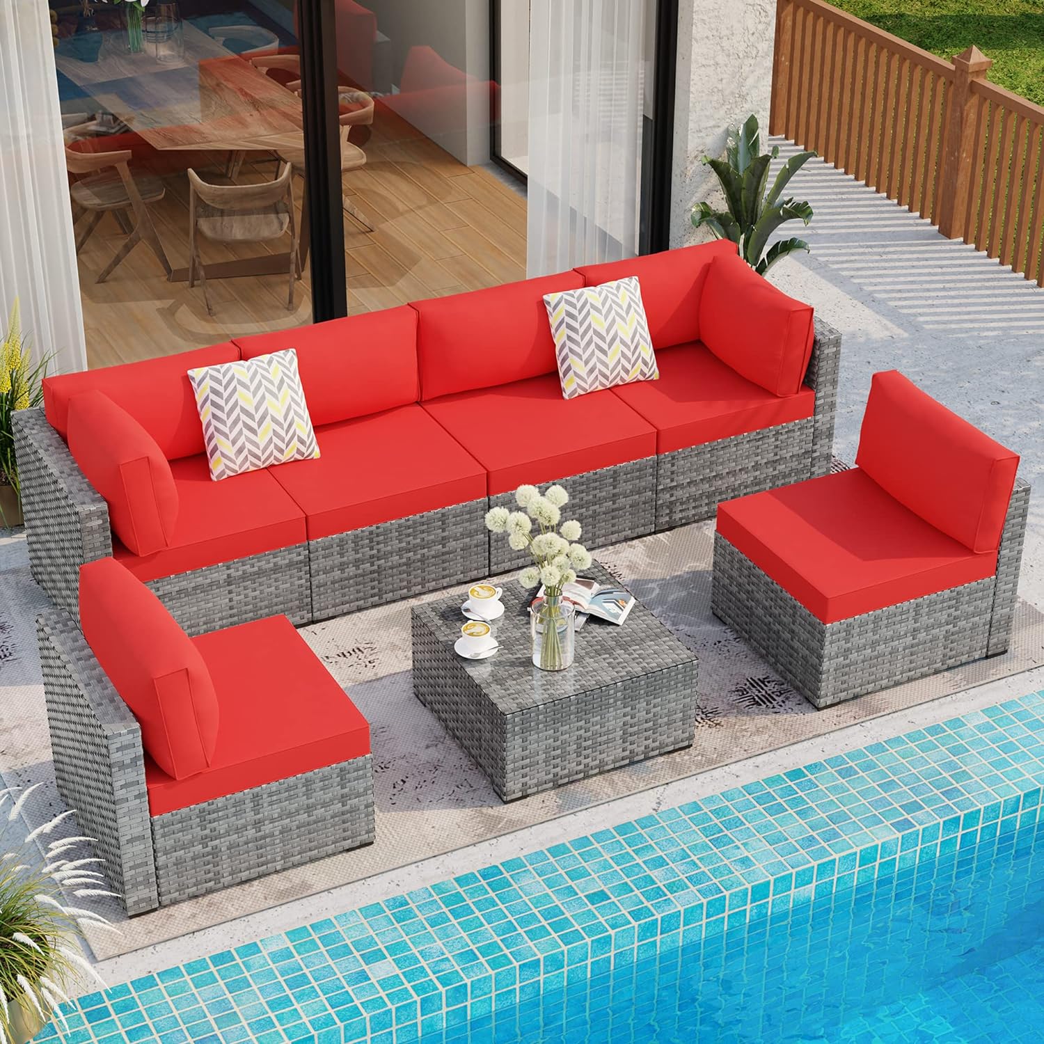 Shintenchi 5 Pieces Outdoor Patio Sectional Sofa Couch, Silver Gray PE Wicker Furniture Conversation Sets with Washable Cushions & Glass Coffee Table for Garden, Poolside, Backyard (Aegean Blue)