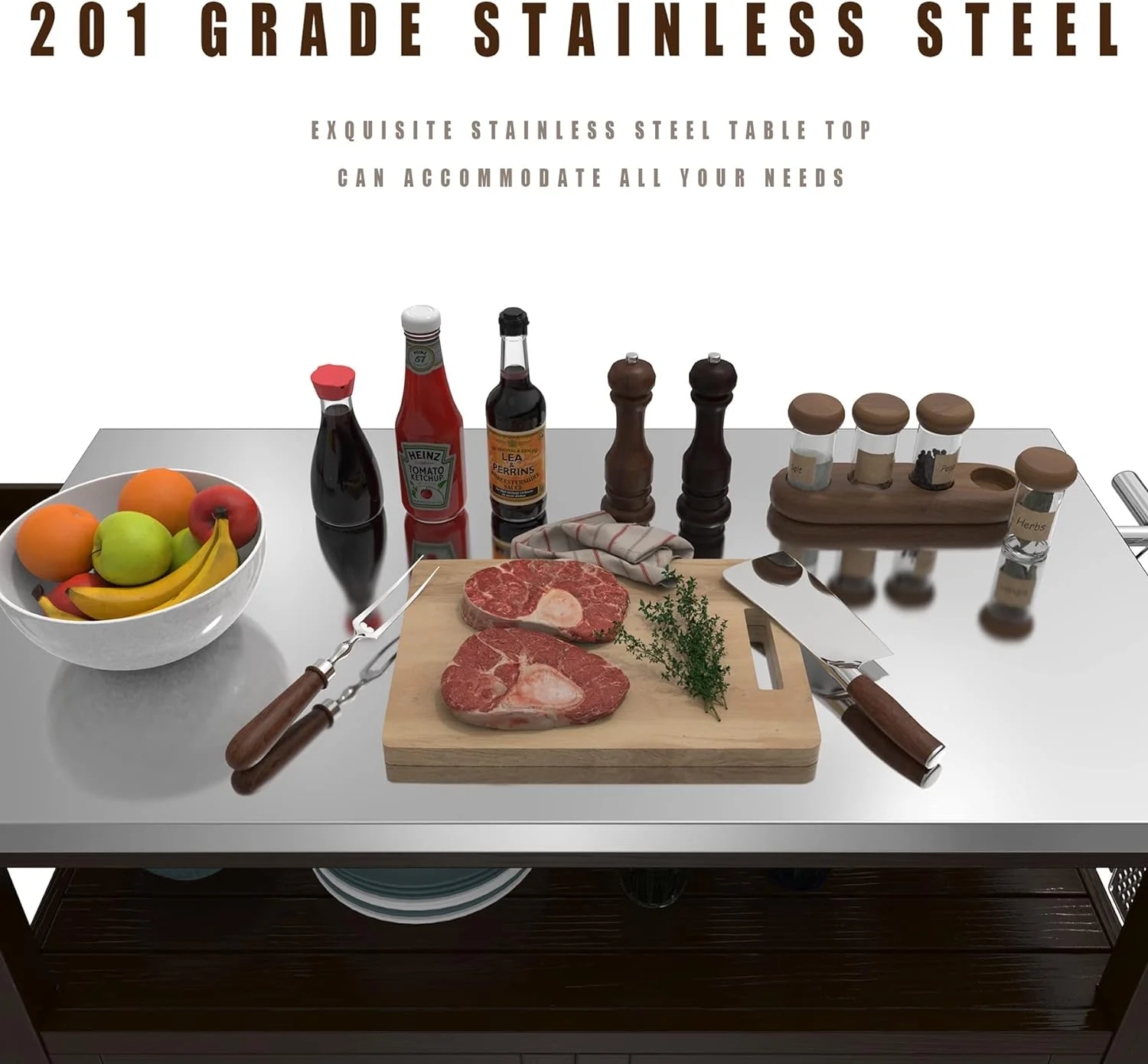 Outdoor Storage Cabinet Solid Wood Prep Grill Table with Stainless Steel Top - Dark Brown