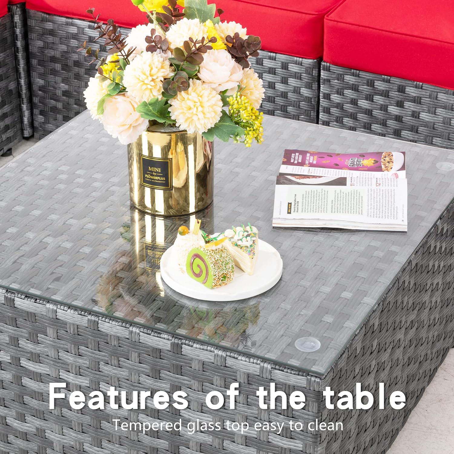 Shintenchi 5 Pieces Outdoor Patio Sectional Sofa Couch, Silver Gray PE Wicker Furniture Conversation Sets with Washable Cushions & Glass Coffee Table for Garden, Poolside, Backyard (Aegean Blue)