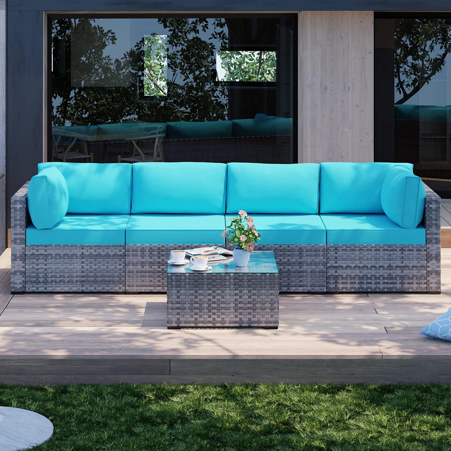 Shintenchi 5 Pieces Outdoor Patio Sectional Sofa Couch, Silver Gray PE Wicker Furniture Conversation Sets with Washable Cushions & Glass Coffee Table for Garden, Poolside, Backyard (Aegean Blue)