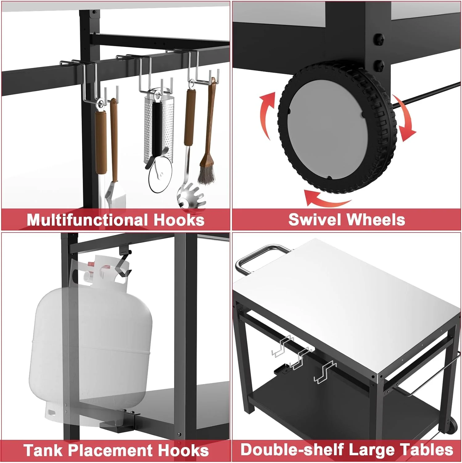 Large Foldable BBQ Grill Cart with Wheels - Stainless Steel Outdoor Dining Table