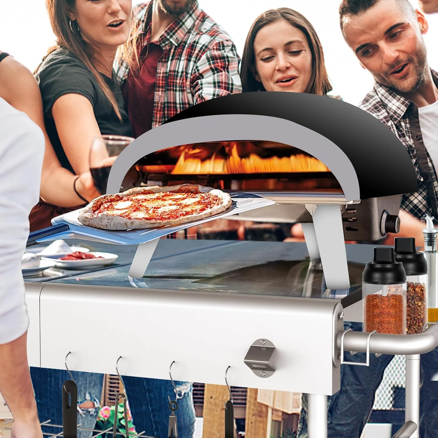 Outdoor Pizza Oven Table Cart | Movable Rolling Kitchen Cart for Ooni and Ninja Woodfire Grills