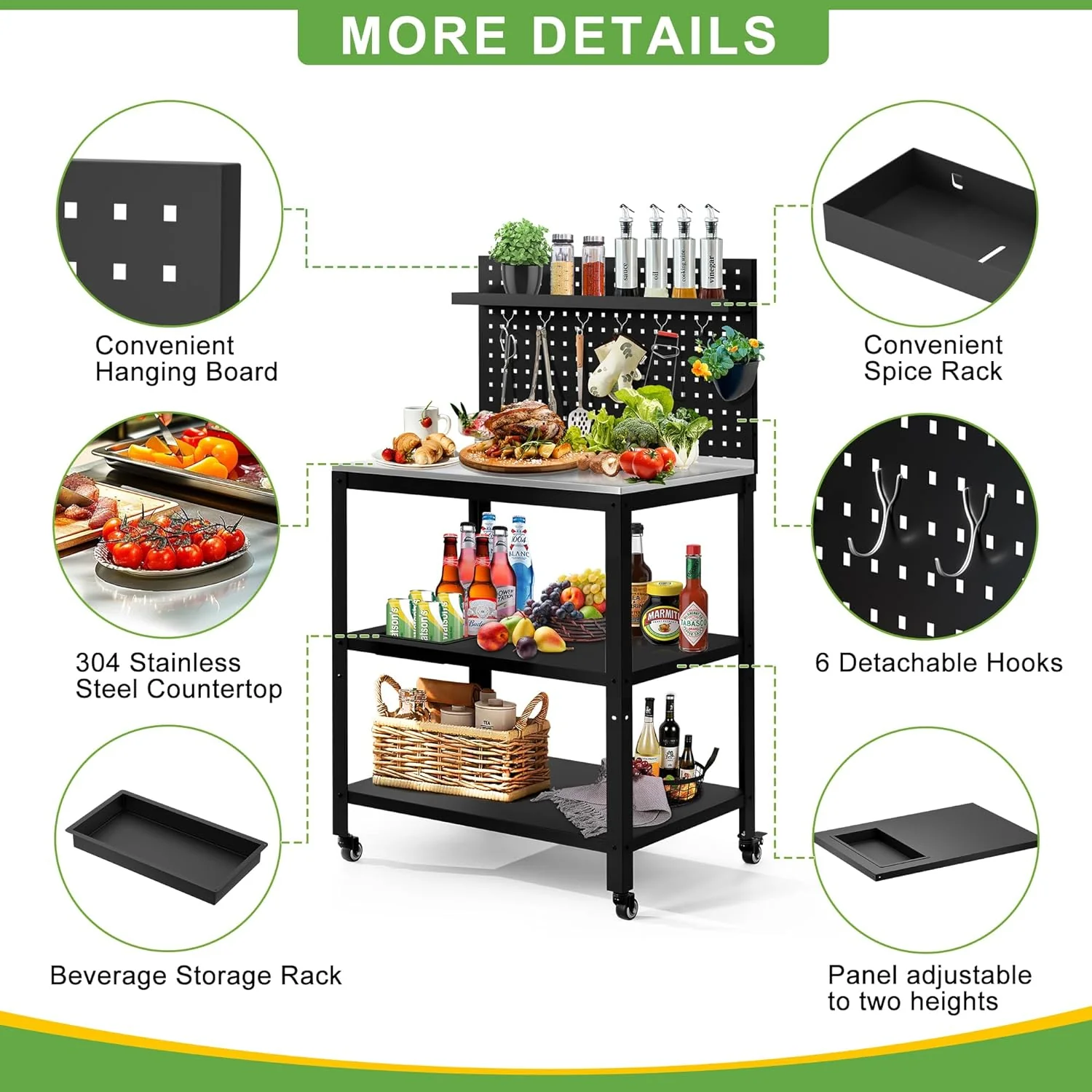 304 Stainless Steel Outdoor Grill Cart with Wheels | Movable BBQ Cart with Pegboard