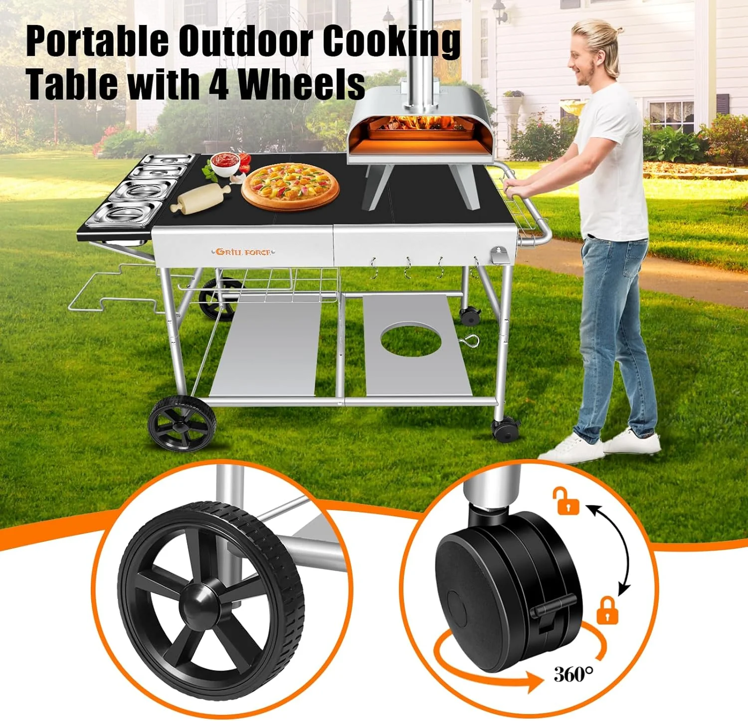 Pizza Oven Table with Topping Station, Movable Stand for Outdoor Grilling - Black