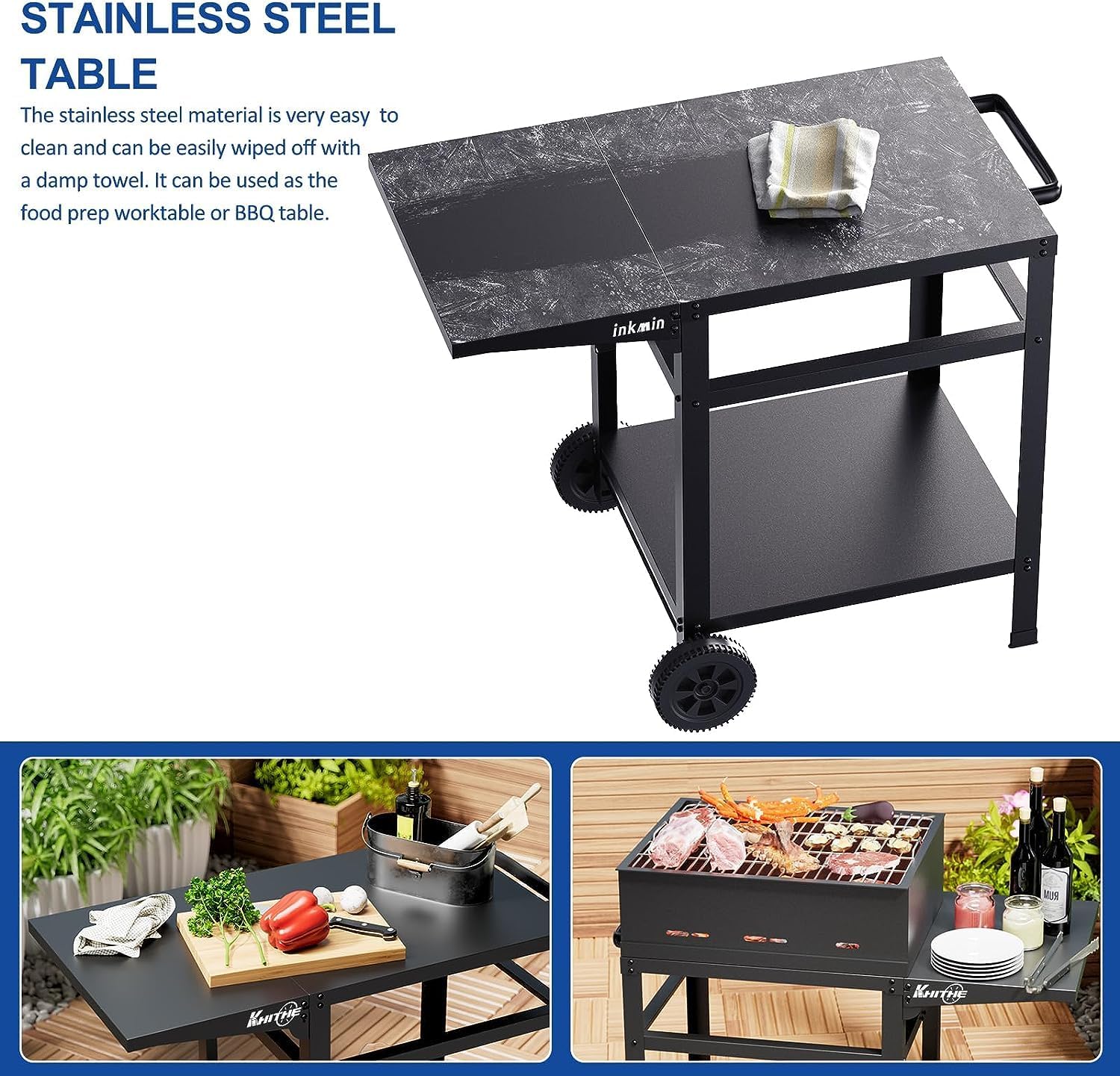 Outdoor Pizza Oven Cart Double-Shelf Movable BBQ Grill Table