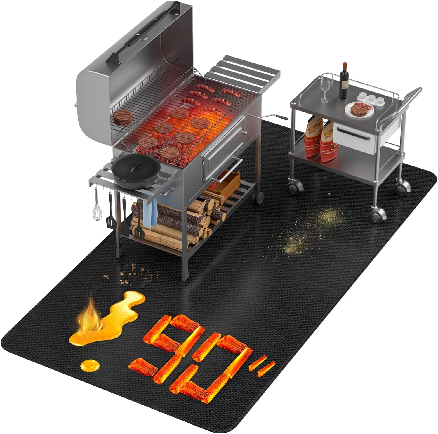 Double Layer Thickened Large Under Grill Mat 90x48 Inch, Fireproof Mat with Anti-Slip Rug 2-in-1