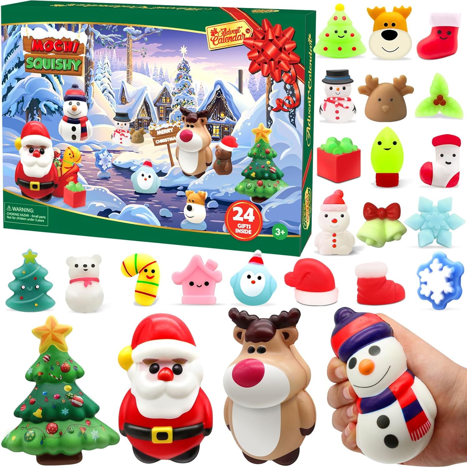 Christmas Advent Calendar 2023 with 4 Cute Jumbo and 20 Mochi Squishy Assorted Toys, 24 Days Countdown Calendar, Xmas Stocking Stuffers Gifts for Boys Girls Christmas Party Favor