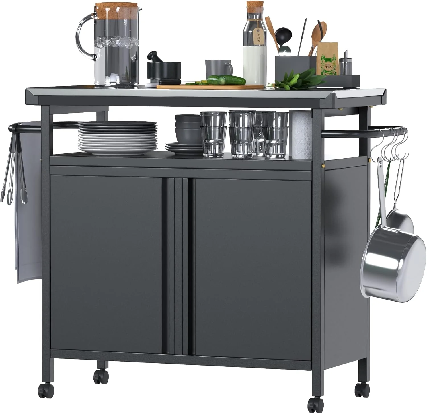 Outdoor Grill Cart with Stainless Steel Top and Storage, Black