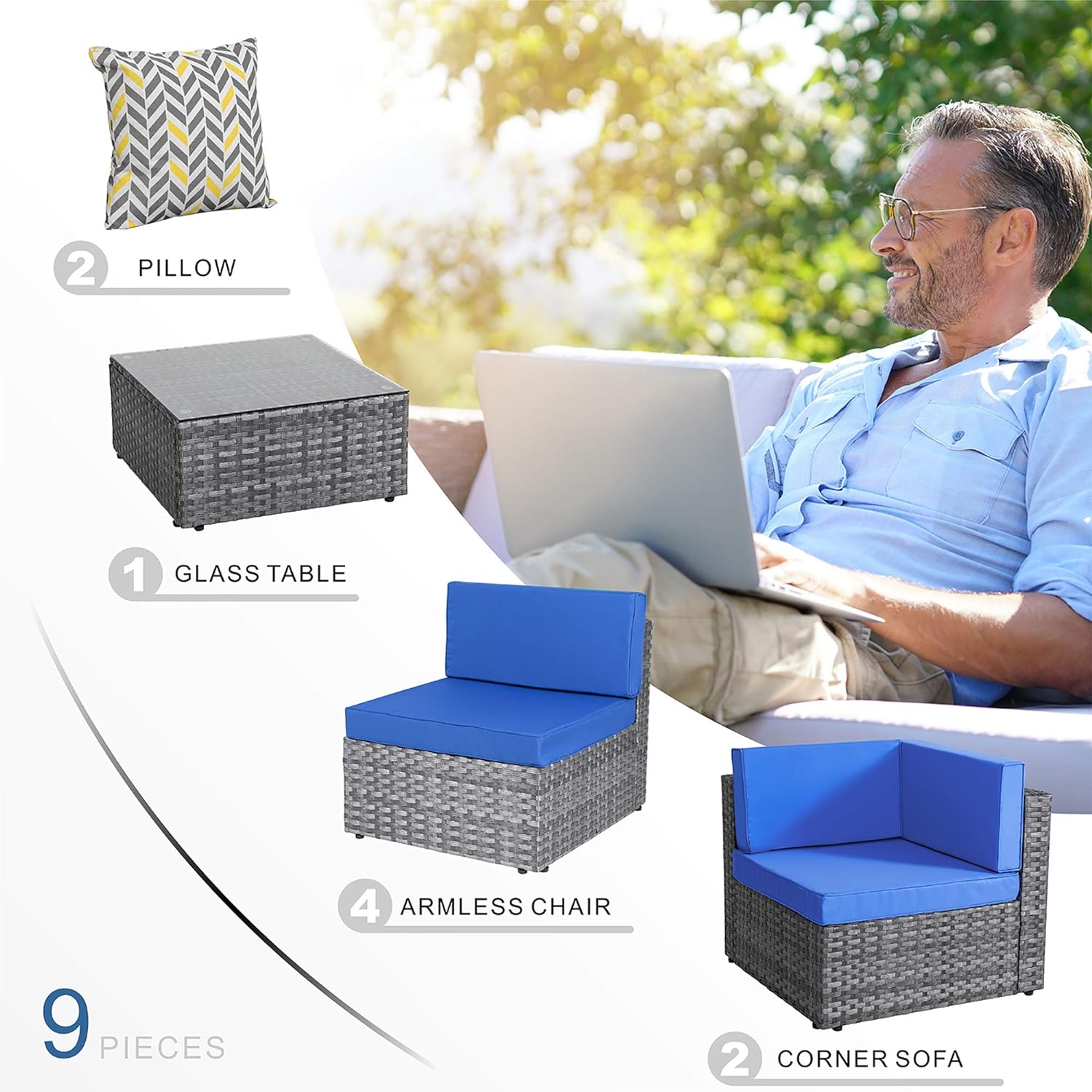 Shintenchi 5 Pieces Outdoor Patio Sectional Sofa Couch, Silver Gray PE Wicker Furniture Conversation Sets with Washable Cushions & Glass Coffee Table for Garden, Poolside, Backyard (Aegean Blue)