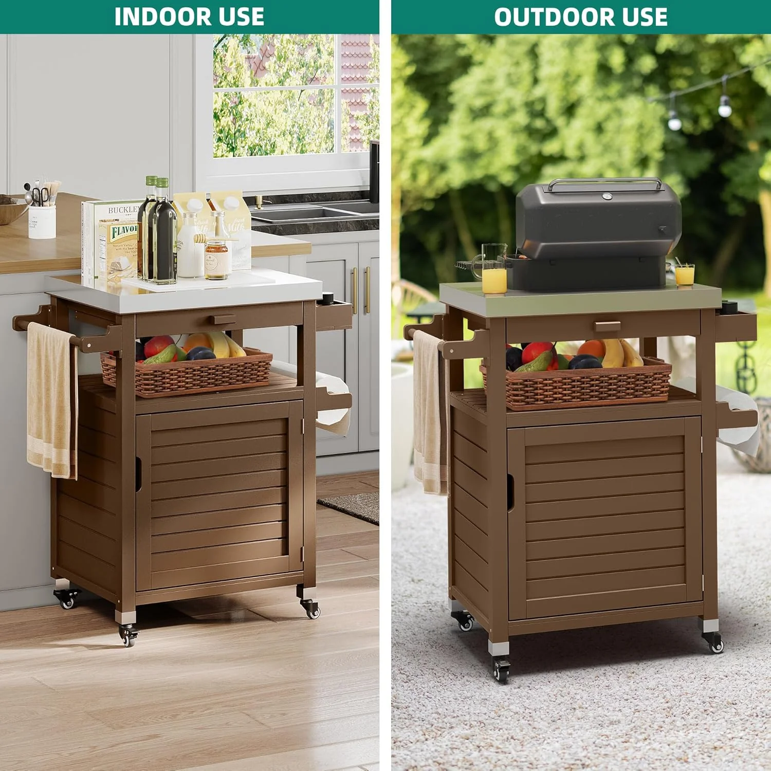 Solid Wood Outdoor Grill Cart with Stainless Steel Top, Brown