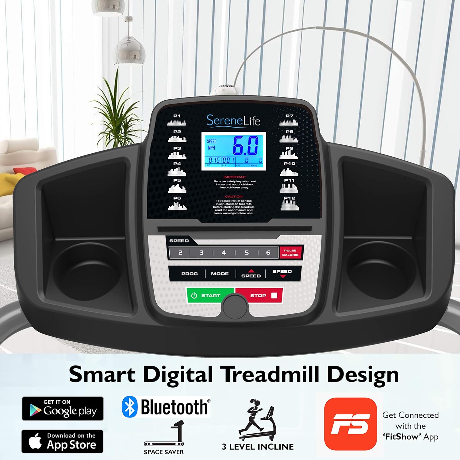 SereneLife Folding Treadmill - Foldable Home Fitness Equipment with LCD for Walking & Running - Cardio Exercise Machine - Preset and Adjustable Programs - Bluetooth Connectivity