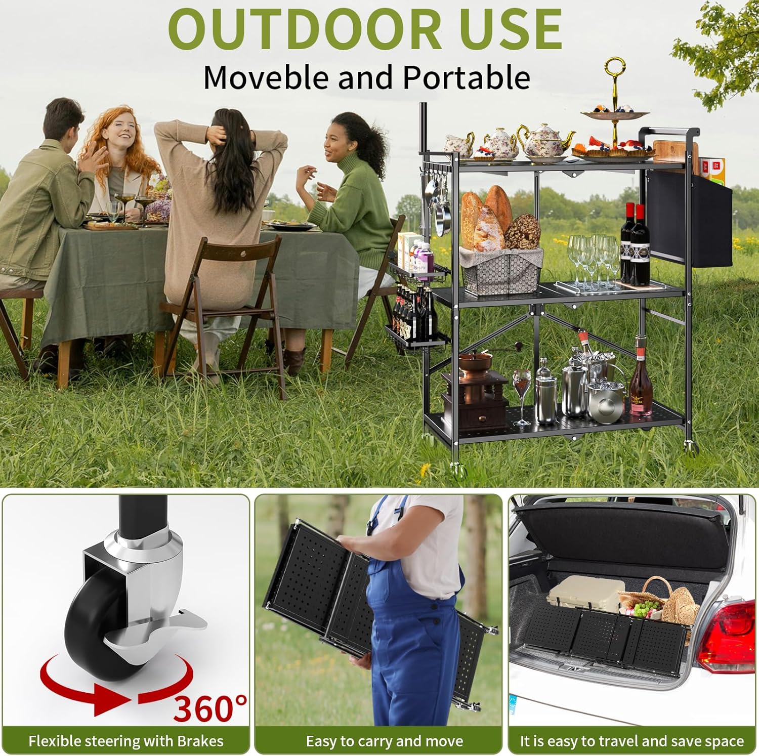 Foldable Outdoor Grill Cart with 3-Tier and Pizza Oven Stand Table - Rolling BBQ Table