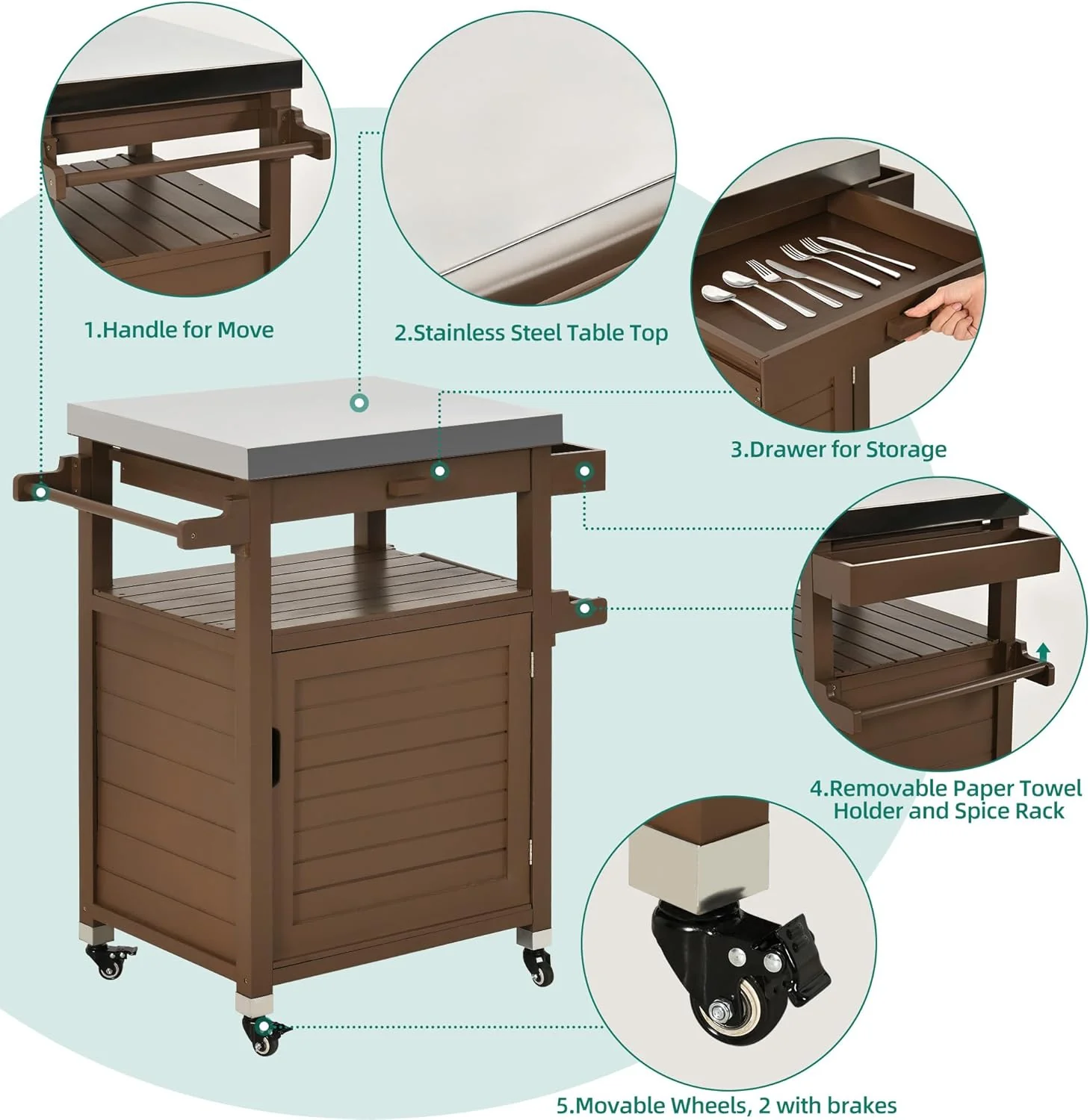 Solid Wood Outdoor Grill Cart with Stainless Steel Top, Brown