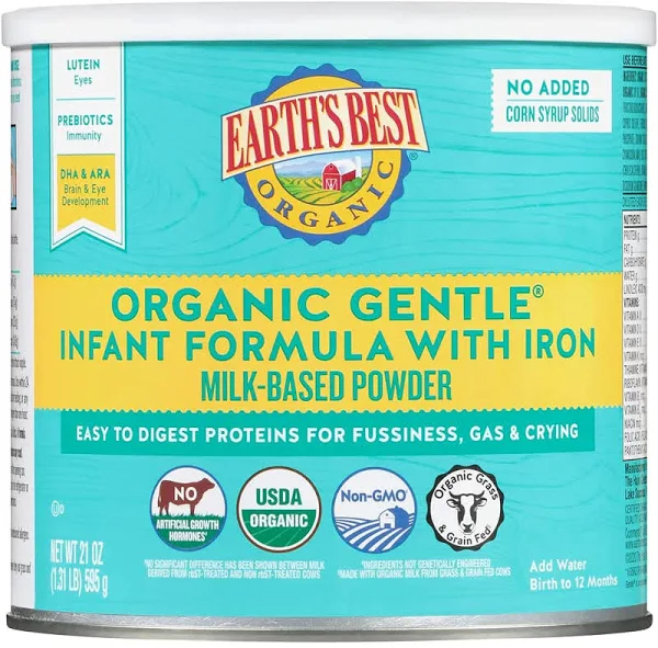 Earth's Best Organic Gentle Infant Formula with Iron, Milk-Based Powder - 21 oz