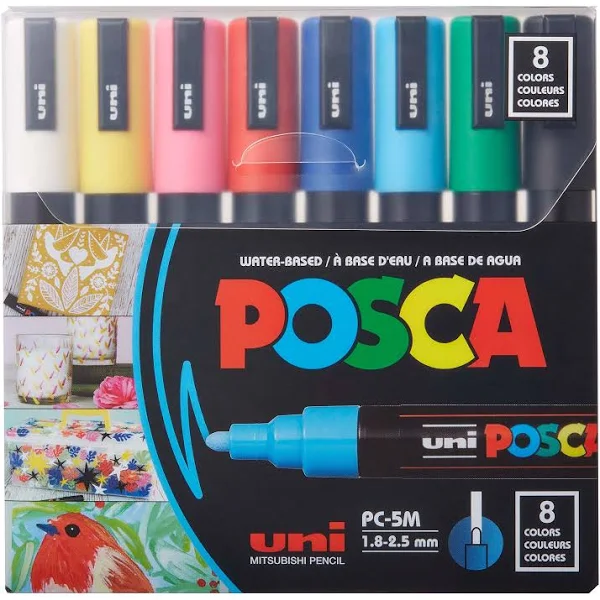 Uni Posca Paint Markers - Basic Colors, Set of 8, Medium Tip, 2.5 mm