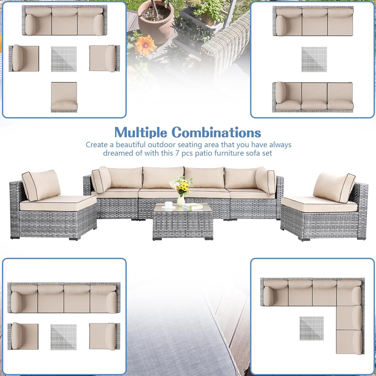 Shintenchi 5 Pieces Outdoor Patio Sectional Sofa Couch, Silver Gray PE Wicker Furniture Conversation Sets with Washable Cushions & Glass Coffee Table for Garden, Poolside, Backyard (Aegean Blue)