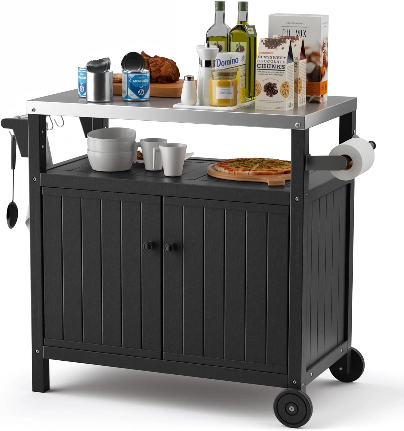 Portable Outdoor Grill Prep Table with Storage, Waterproof Grill Cabinet, Stainless-Steel Tabletop Kitchen Island, BBQ Cart with Wheels and Hooks | Brown