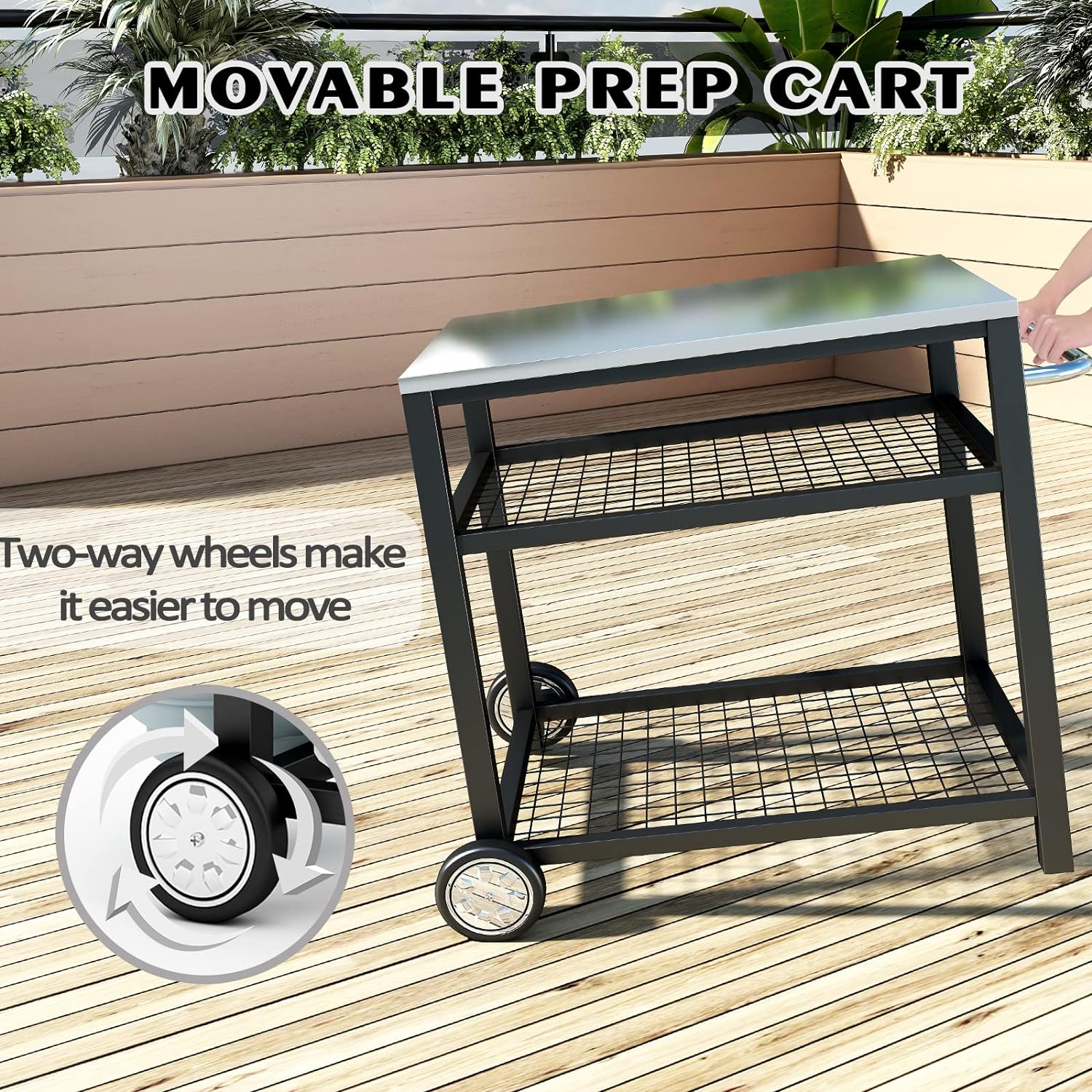 Stainless Steel Grill Cart, Movable Food Prep Table with Wheels and Handle - Heavy Duty Outdoor Cart