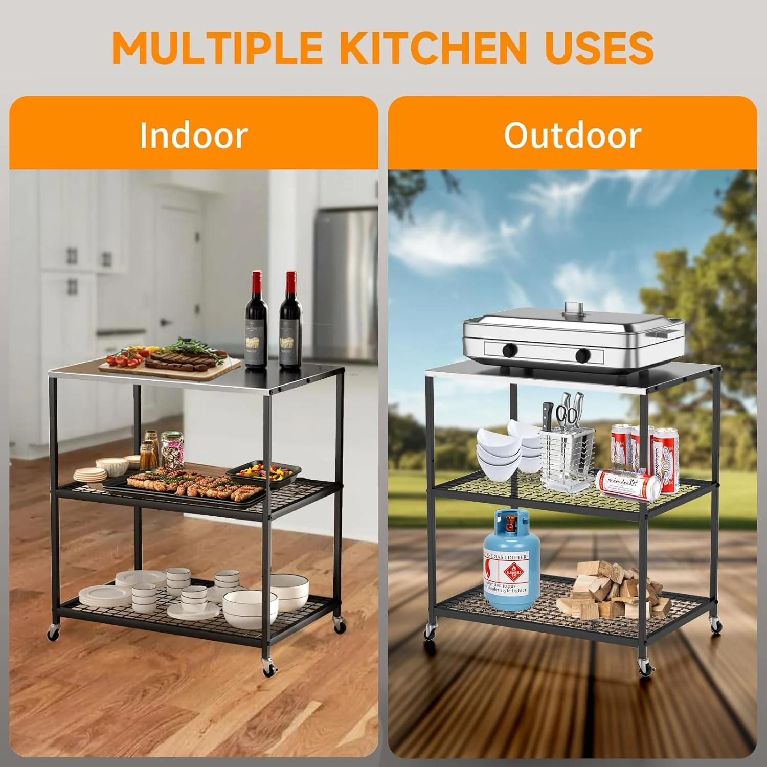 Outdoor Grill Cart with Wheels - Three-Shelf Stainless Steel Pizza Oven Stand