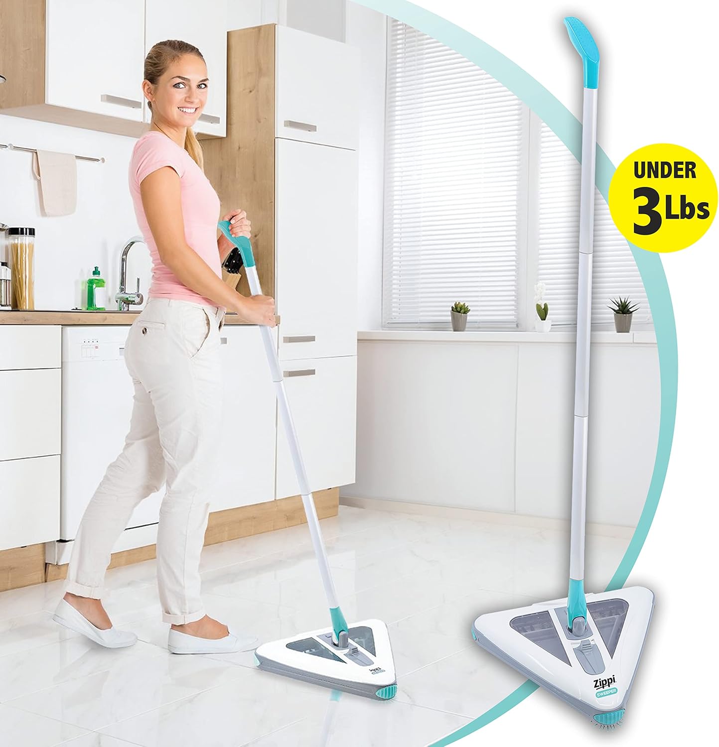 2024 Zippi Sweeper Max- Powerful and Lightweight Sweeper  Perfect for Carpet Hardwood and Tile  Triangular Design Allows for Sweeping in Corners  1000 mAh Rechargeable Battery
