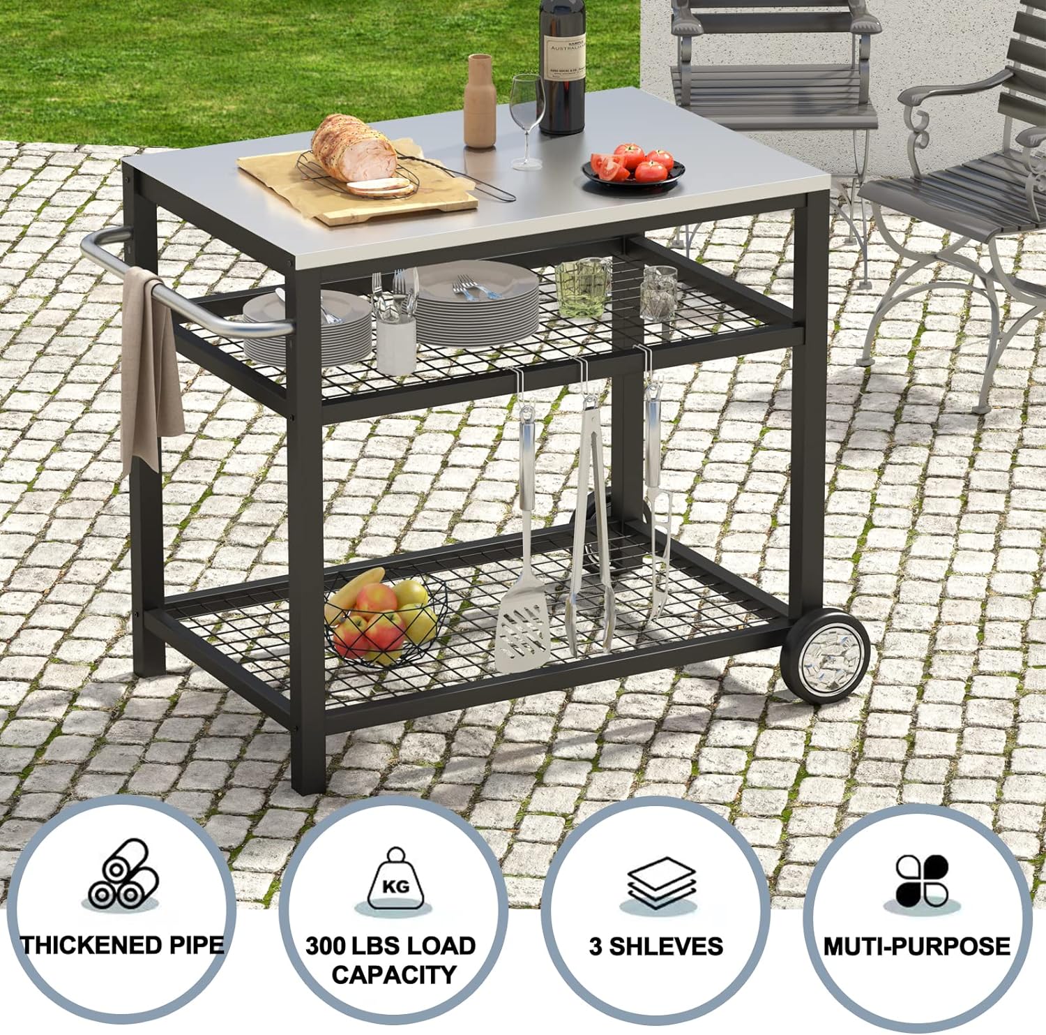 Stainless Steel Grill Cart, Movable Food Prep Table with Wheels and Handle - Heavy Duty Outdoor Cart