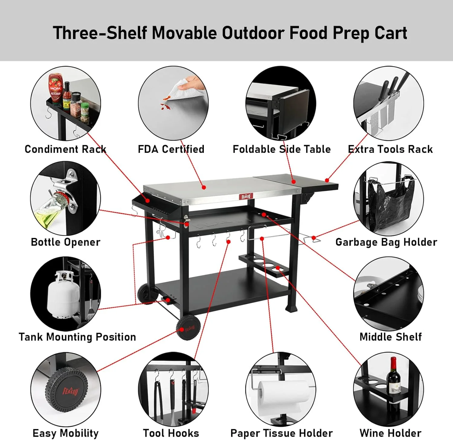 3-Shelf Outdoor Grill Table | Indoor & Outdoor Pizza Oven Station, Movable Prep Table