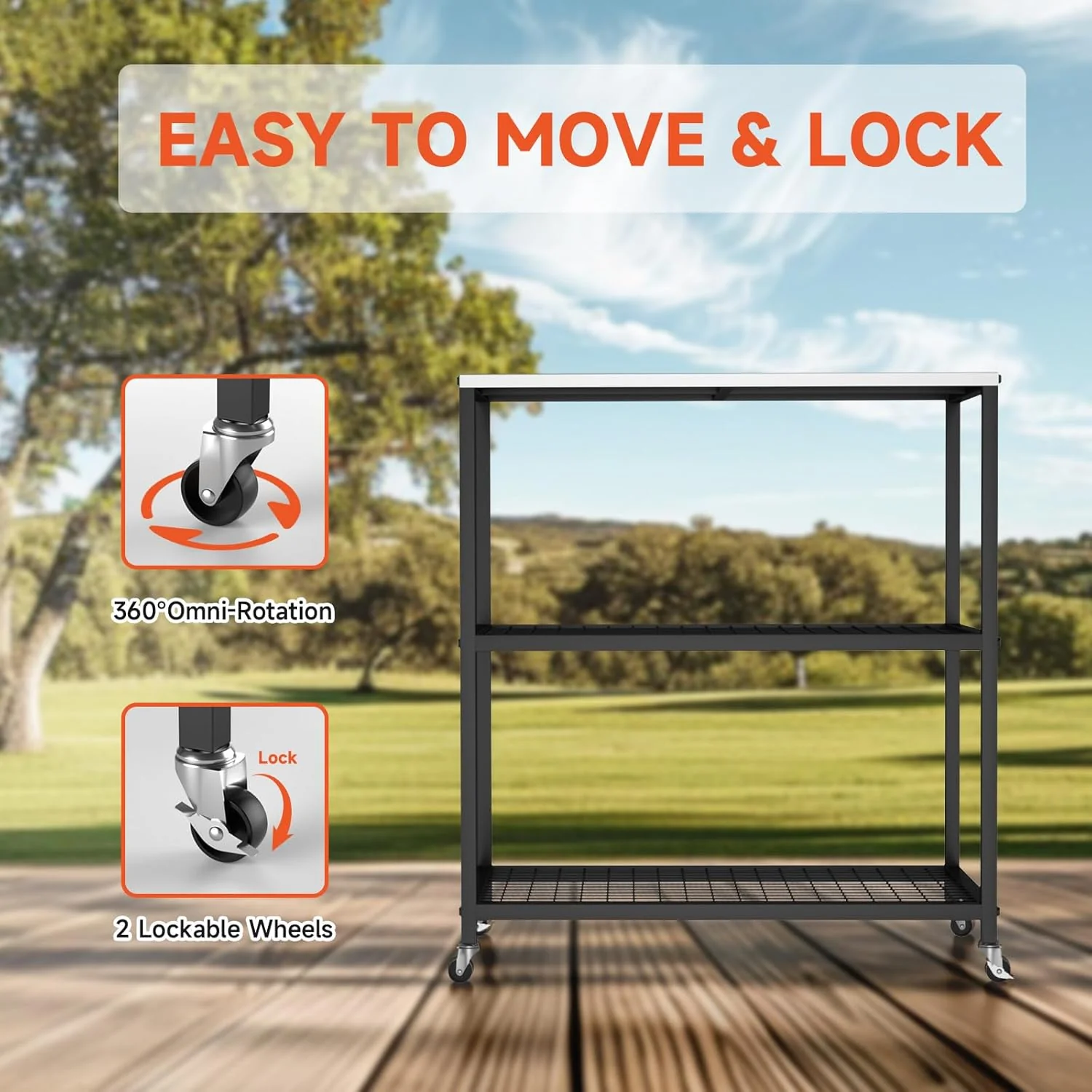 Outdoor Grill Cart with Wheels - Three-Shelf Stainless Steel Pizza Oven Stand