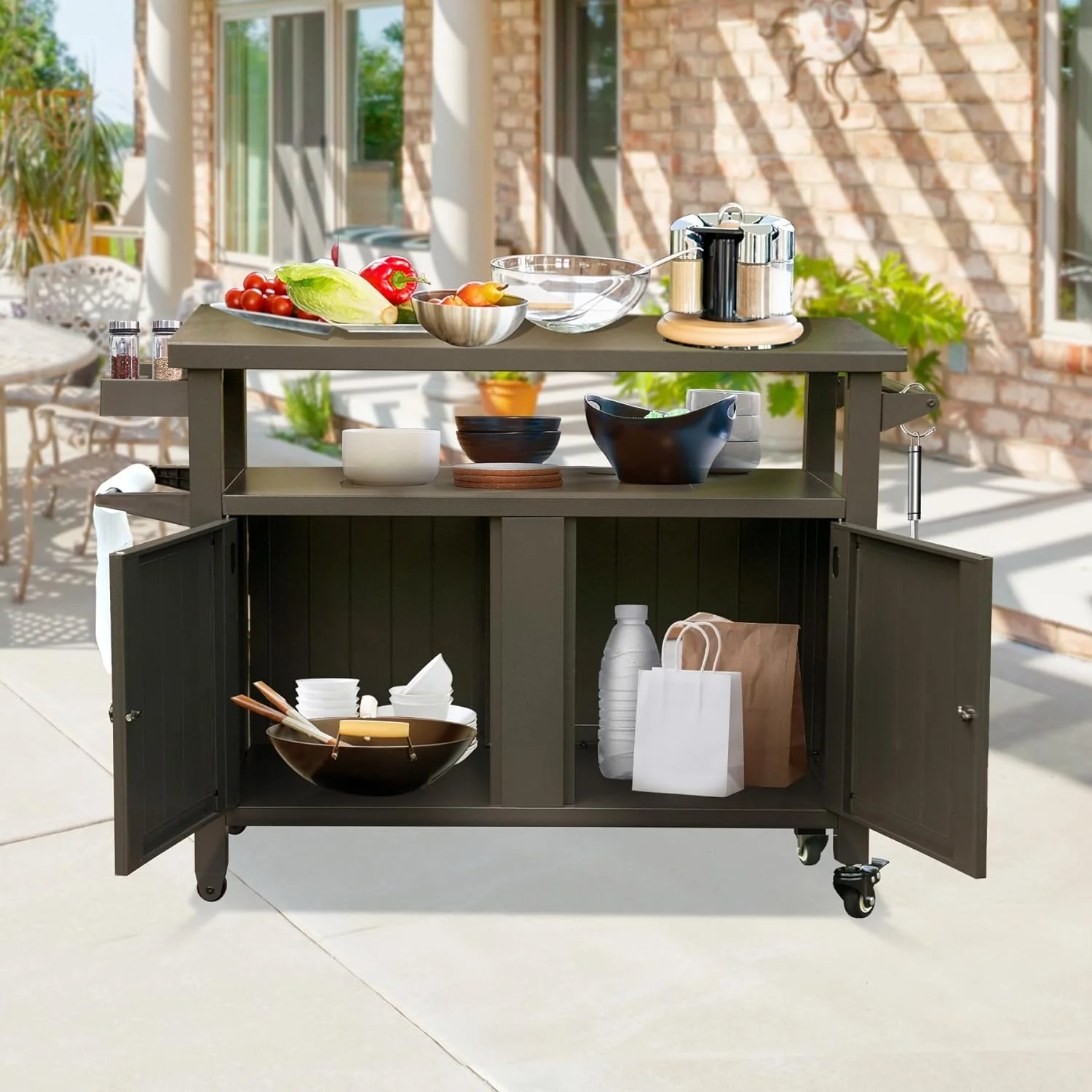 Outdoor Storage Cabinet with Wheels - Heavy Duty Metal Grill Table for BBQ, Patio, Backyard (XL)