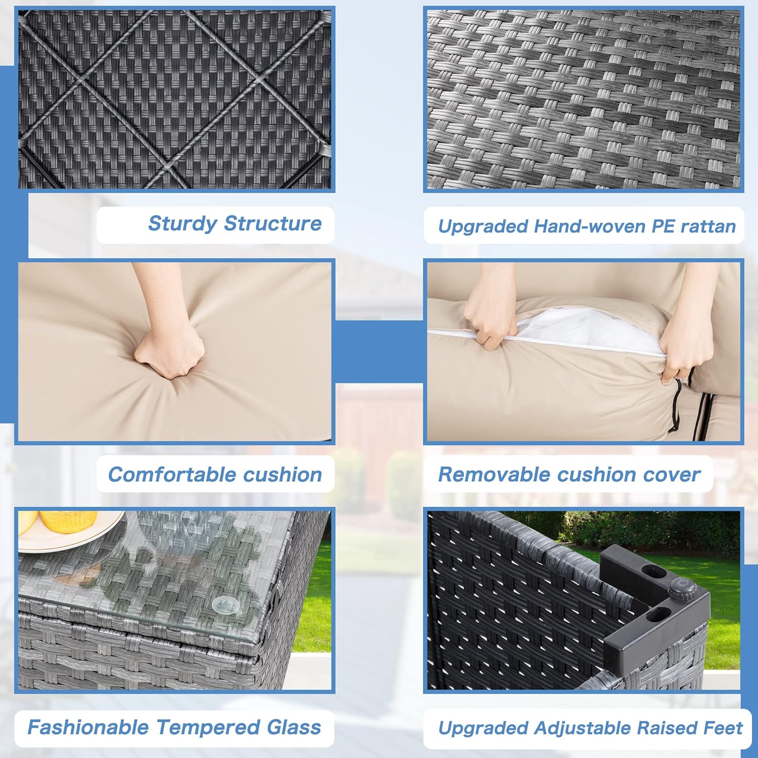 Shintenchi 5 Pieces Outdoor Patio Sectional Sofa Couch, Silver Gray PE Wicker Furniture Conversation Sets with Washable Cushions & Glass Coffee Table for Garden, Poolside, Backyard (Aegean Blue)