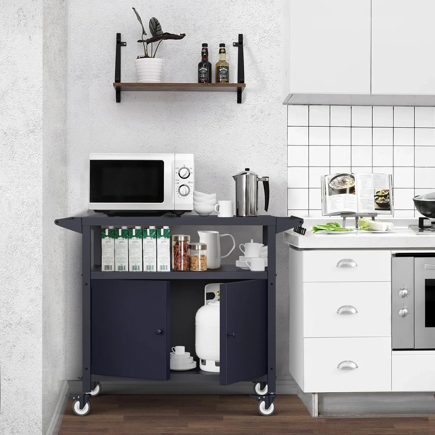 Outdoor Grill Table with Storage, Movable Grill Cart, BBQ Serving Cart with Utensil Hooks