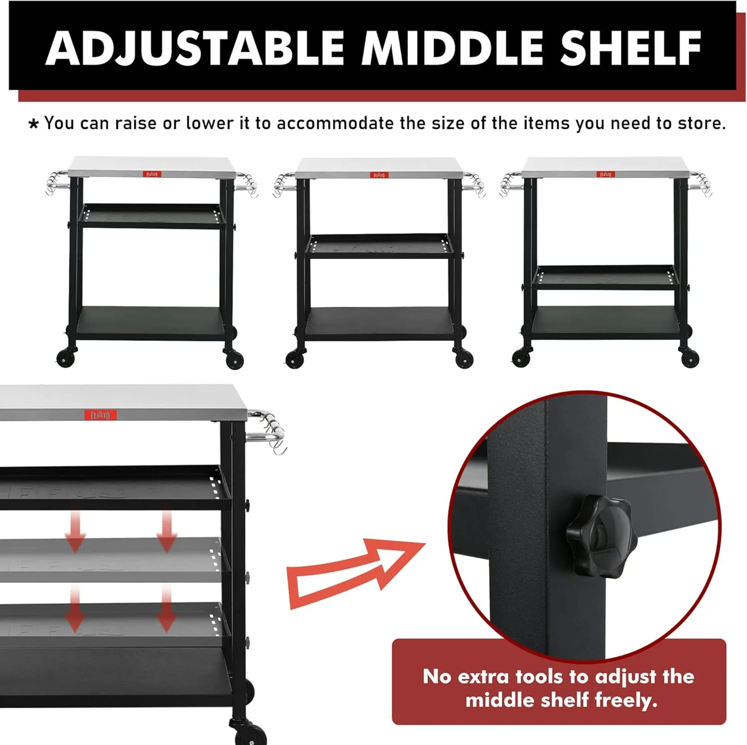 Adjustable 3-Shelf Indoor & Outdoor Grill Table | Portable Work Table with Stainless Steel Tabletop