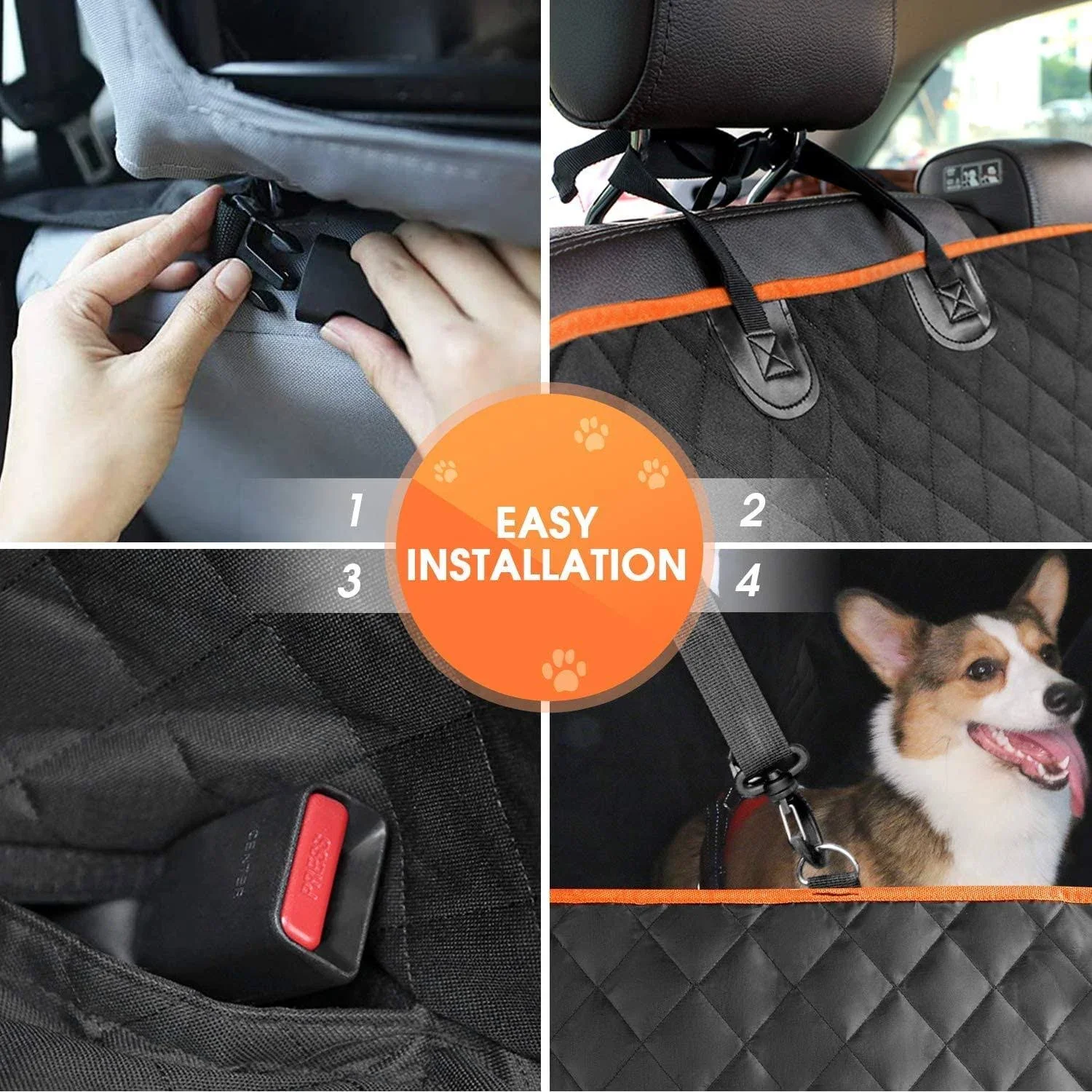 Giomoc Dog Car Seat Cover for Back Seat, Waterproof Seat Protector Scratchproof Pet Hammock with 4 Bags Side Flaps, Washable Nonslip Backseat