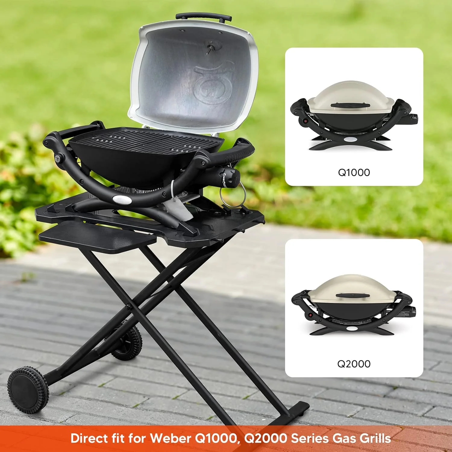Portable Grill Cart for Weber Q Series Gas Grills by - Upgraded Outdoor Grill Stand with Hooks and Folding Shelf