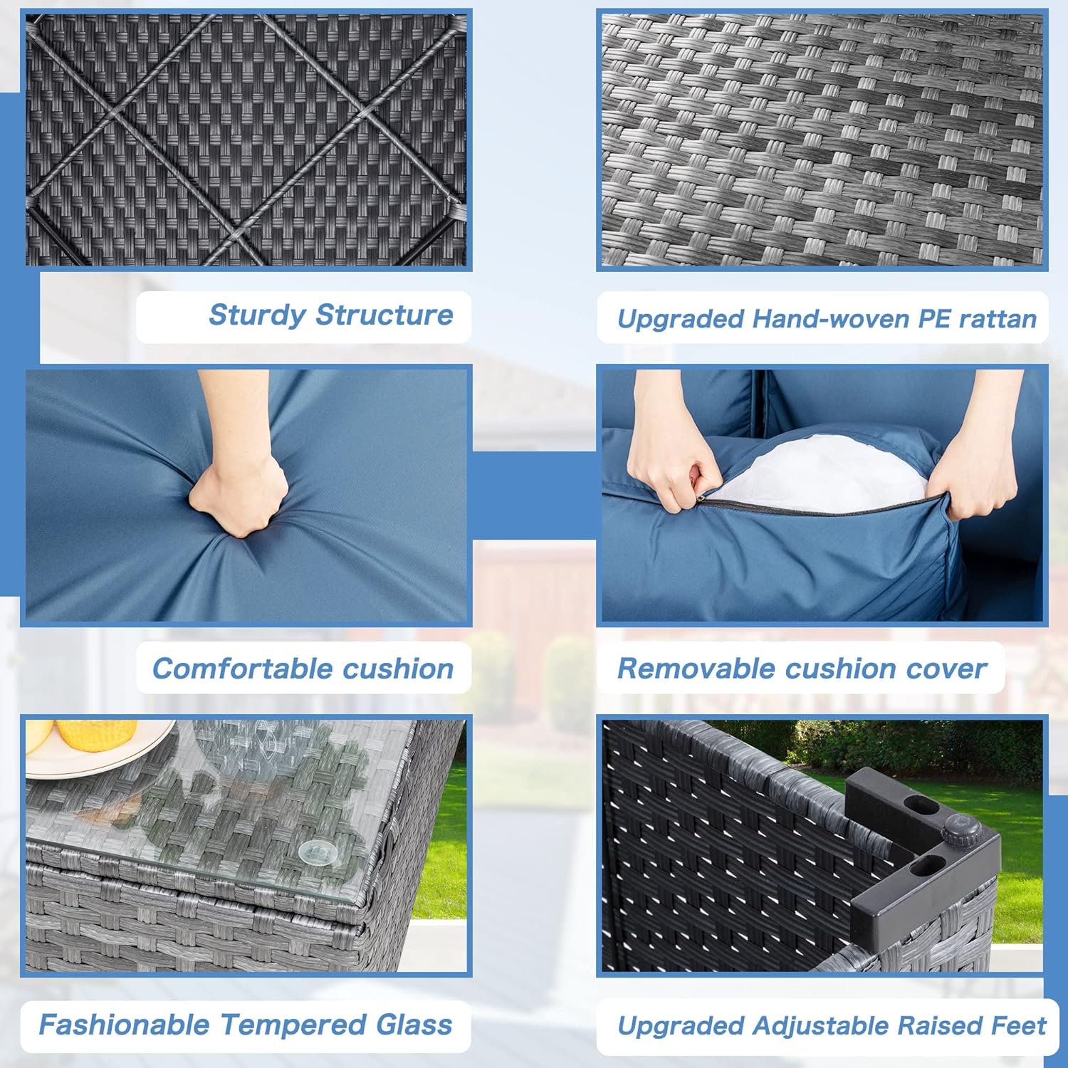 Shintenchi 5 Pieces Outdoor Patio Sectional Sofa Couch, Silver Gray PE Wicker Furniture Conversation Sets with Washable Cushions & Glass Coffee Table for Garden, Poolside, Backyard (Aegean Blue)