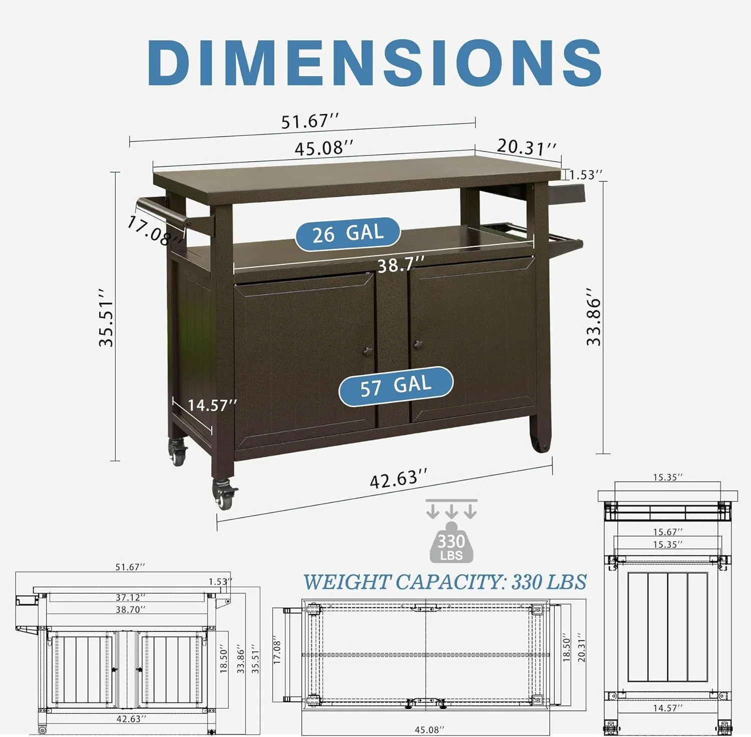Outdoor Storage Cabinet with Wheels - Heavy Duty Metal Grill Table for BBQ, Patio, Backyard (XL)