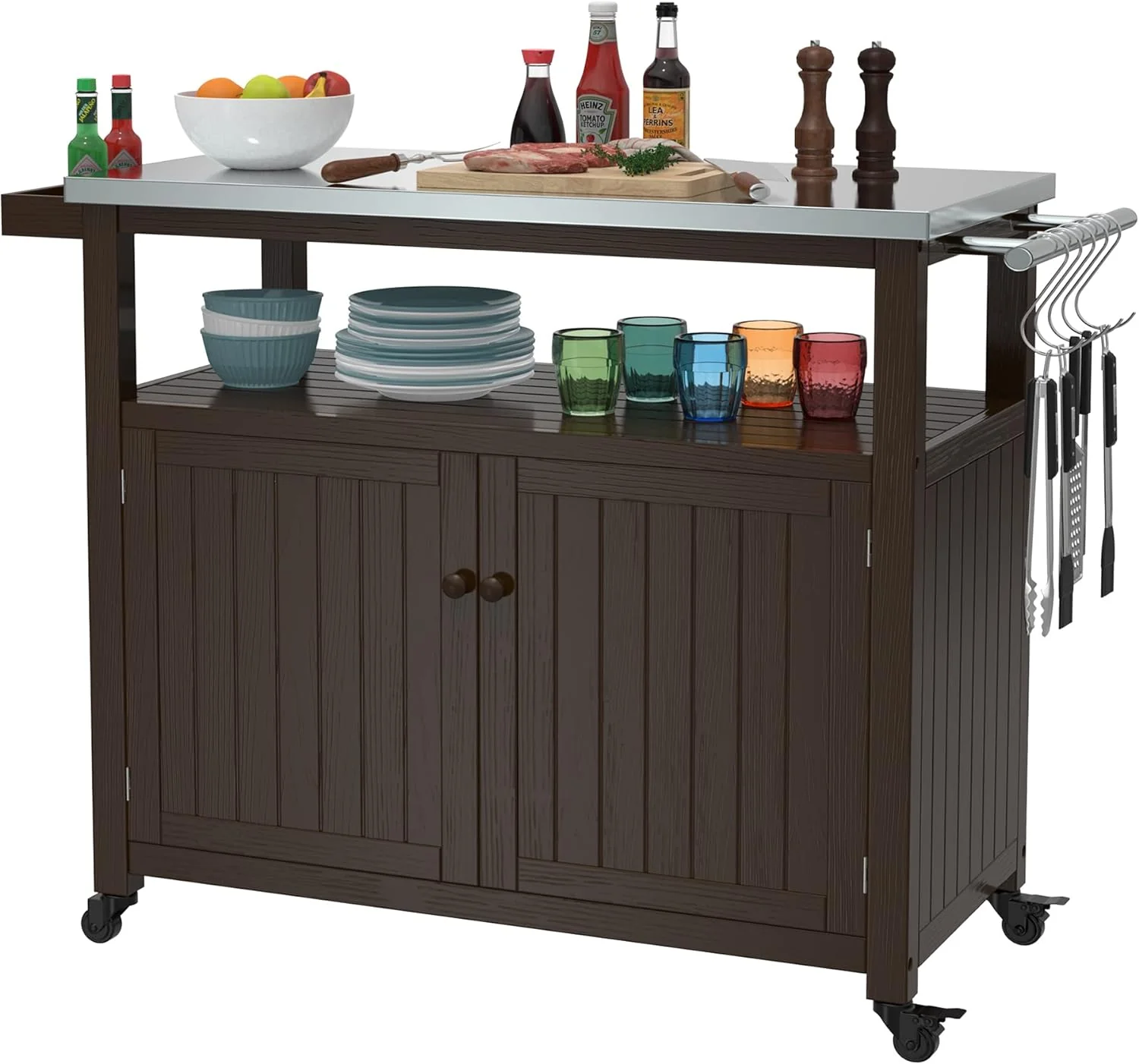 Outdoor Storage Cabinet Solid Wood Prep Grill Table with Stainless Steel Top - Dark Brown