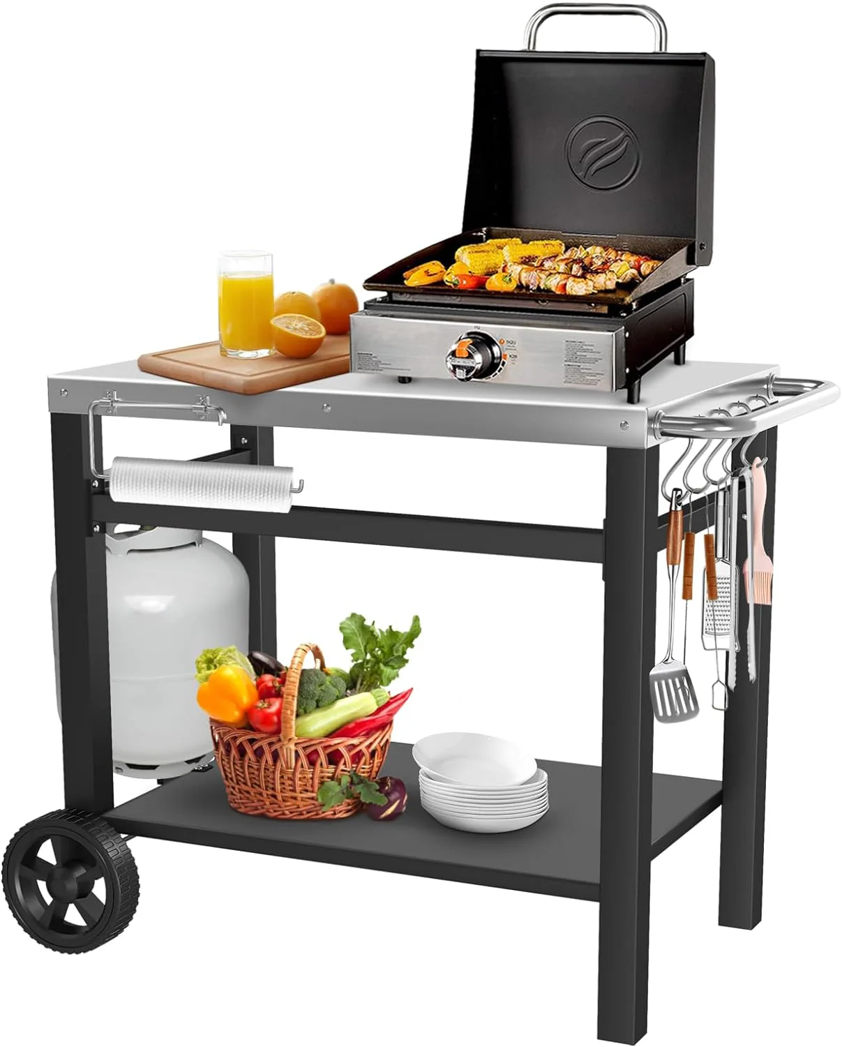Outdoor Grill Cart with Three-Shelf Food Prep Table and Drawer
