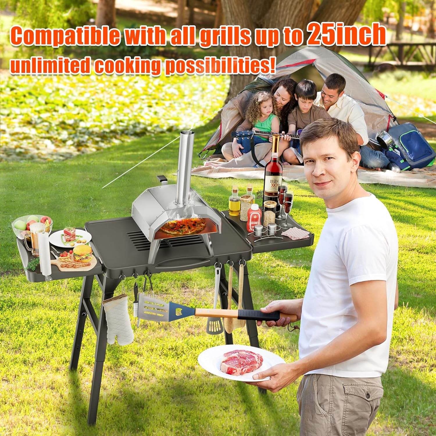 Portable Grill Stand with Adjustable Legs - Large Collapsible Table for Outdoor Grills and Ovens