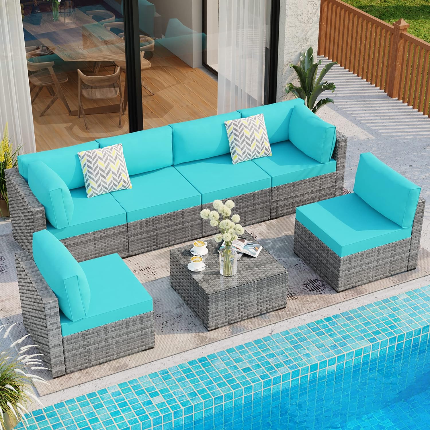 Shintenchi 5 Pieces Outdoor Patio Sectional Sofa Couch, Silver Gray PE Wicker Furniture Conversation Sets with Washable Cushions & Glass Coffee Table for Garden, Poolside, Backyard (Aegean Blue)