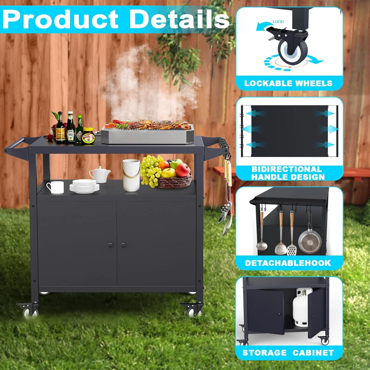 Outdoor Grill Table with Storage, Movable Grill Cart, BBQ Serving Cart with Utensil Hooks