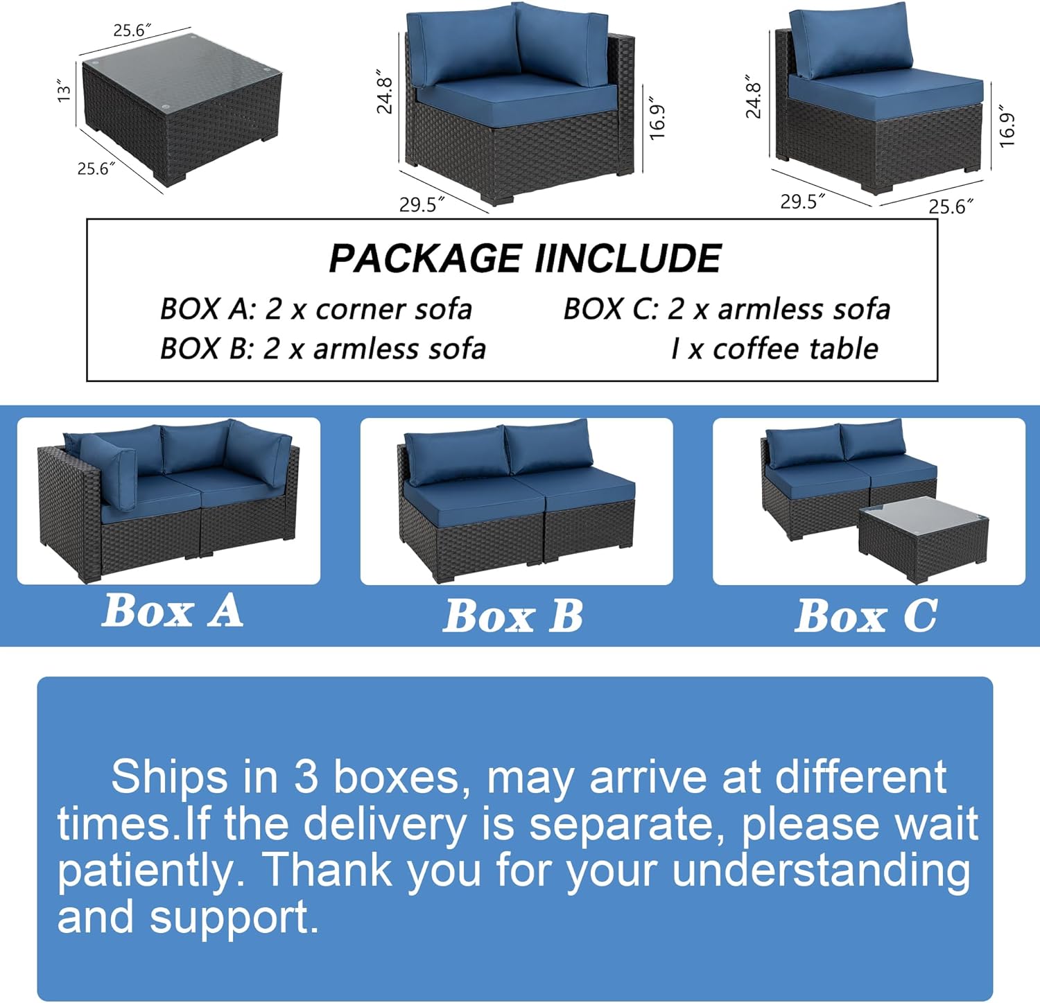 Shintenchi 5 Pieces Outdoor Patio Sectional Sofa Couch, Silver Gray PE Wicker Furniture Conversation Sets with Washable Cushions & Glass Coffee Table for Garden, Poolside, Backyard (Aegean Blue)