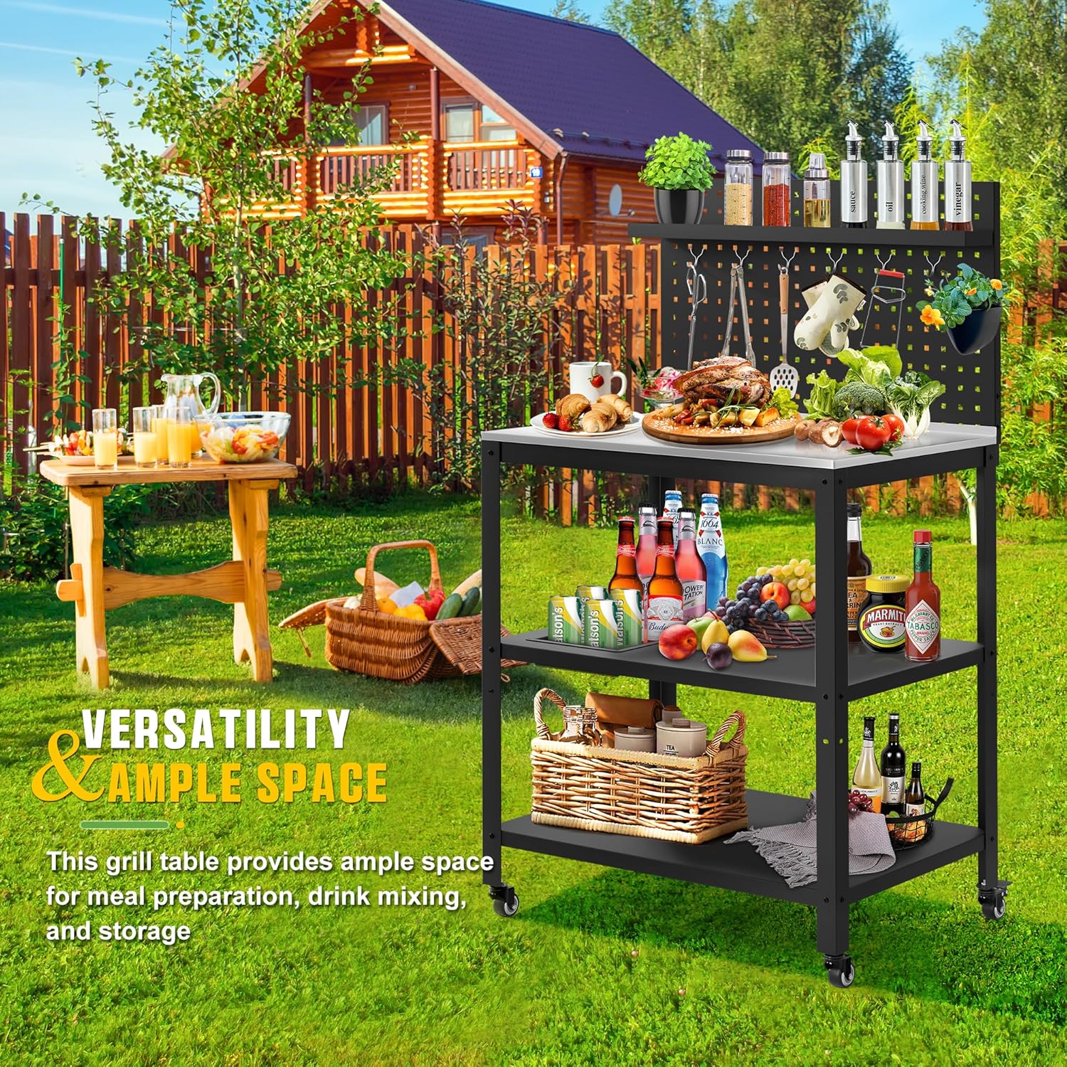 304 Stainless Steel Outdoor Grill Cart with Wheels | Movable BBQ Cart with Pegboard