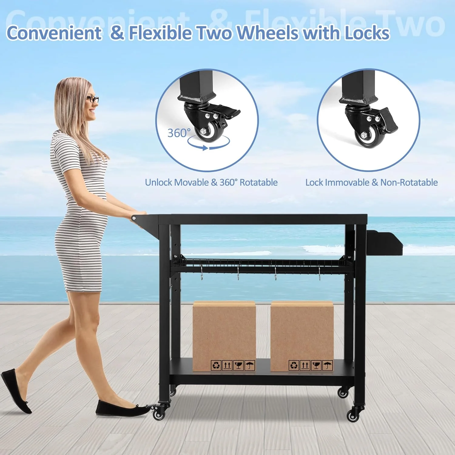 Outdoor Grill Cart - Pizza Oven Stand Table with Wheels