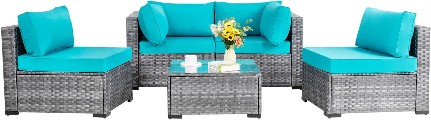 Shintenchi 5 Pieces Outdoor Patio Sectional Sofa Couch, Silver Gray PE Wicker Furniture Conversation Sets with Washable Cushions & Glass Coffee Table for Garden, Poolside, Backyard (Aegean Blue)