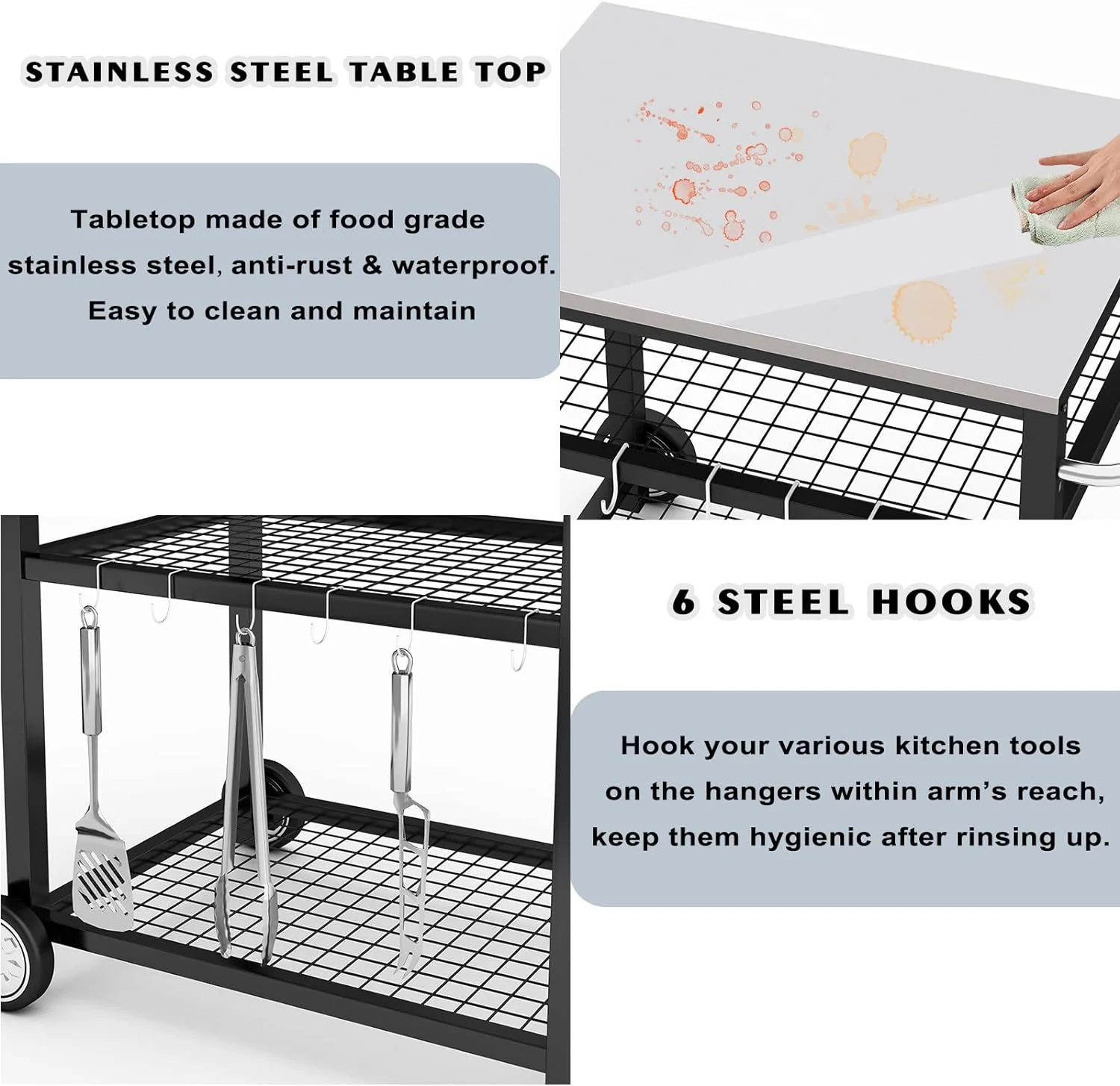 Stainless Steel Grill Cart, Movable Food Prep Table with Wheels and Handle - Heavy Duty Outdoor Cart