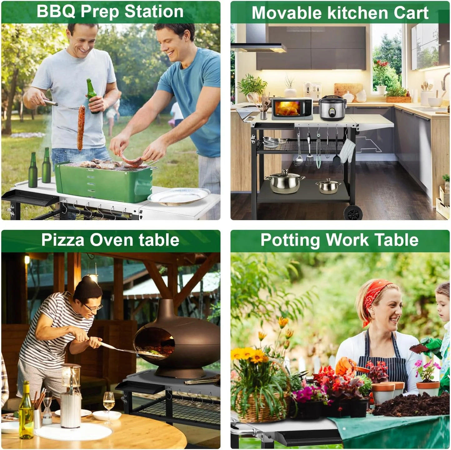 Outdoor Grill Cart Table Pizza Oven Stand, Stainless Steel Three-Shelf Food Prep Table with Wheels