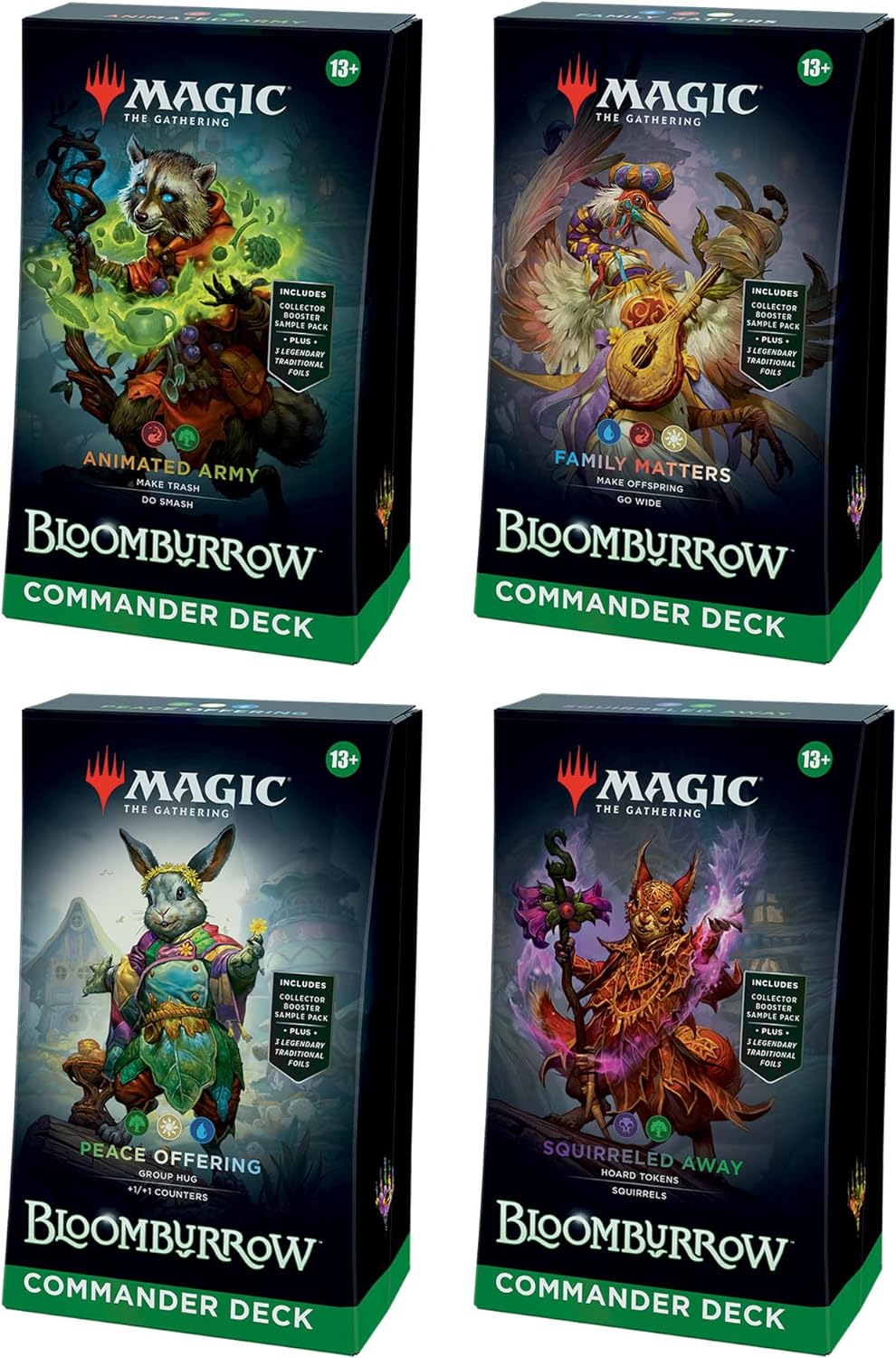 2024 Magic: The Gathering Bloomburrow Commander Deck Bundle – Includes All 4 Decks (Animated Army  Family Matters  Peace Offering  and Squirreled Away)
