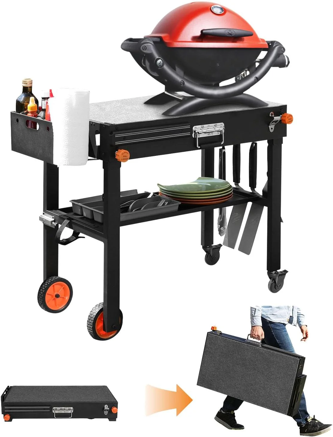 Portable Grill Table with Wheels - Folding Outdoor Grill Stand