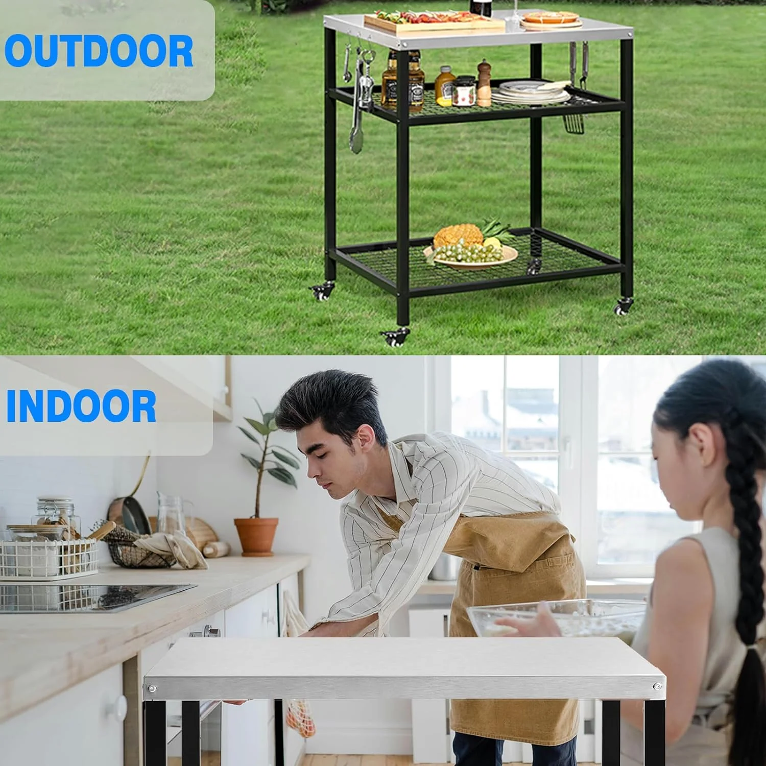 Stainless Steel Grill Cart - Pizza Oven Stand with Wheels, Three-Shelf Outdoor Trolley