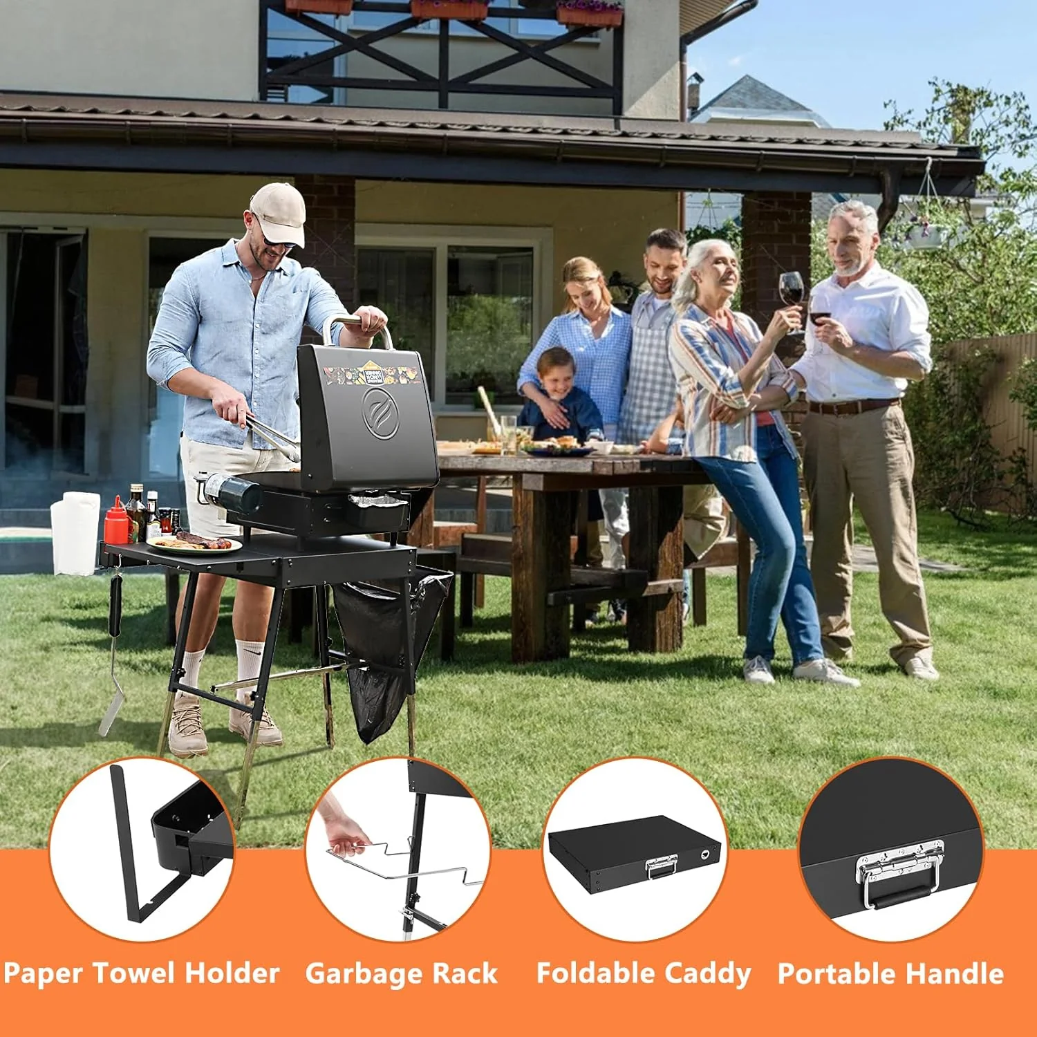 Foldable Portable Grill Table for 17 or 22 inch Griddle - Adjustable Legs, Trash Holder